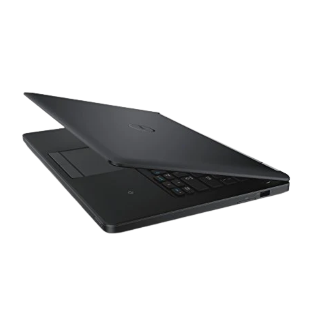 Dell Latitude E5450 laptop partially closed rear-right angle view – Intel Core i5 5th Gen with visible ports and sleek black matte finish.- Rentopc