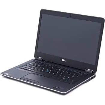 Dell Latitude E7440 14-inch touchscreen laptop left-angle view showing keyboard, screen, touchpad, VGA port, USB port,  and audio jack.- Rentopc