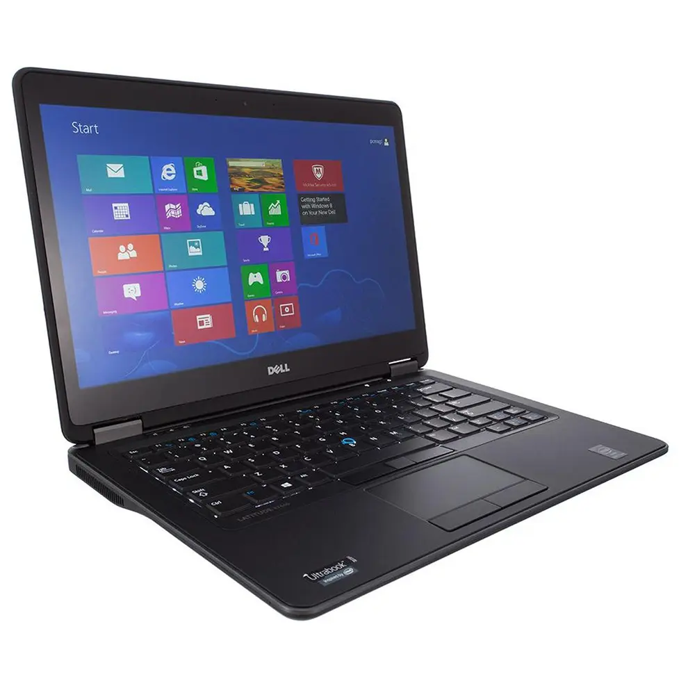 Angled front-right view of Dell Latitude E7440 touchscreen 14-inch laptop showing Windows interface, backlit keyboard, touchpad with physical buttons, and webcam.- Rentopc