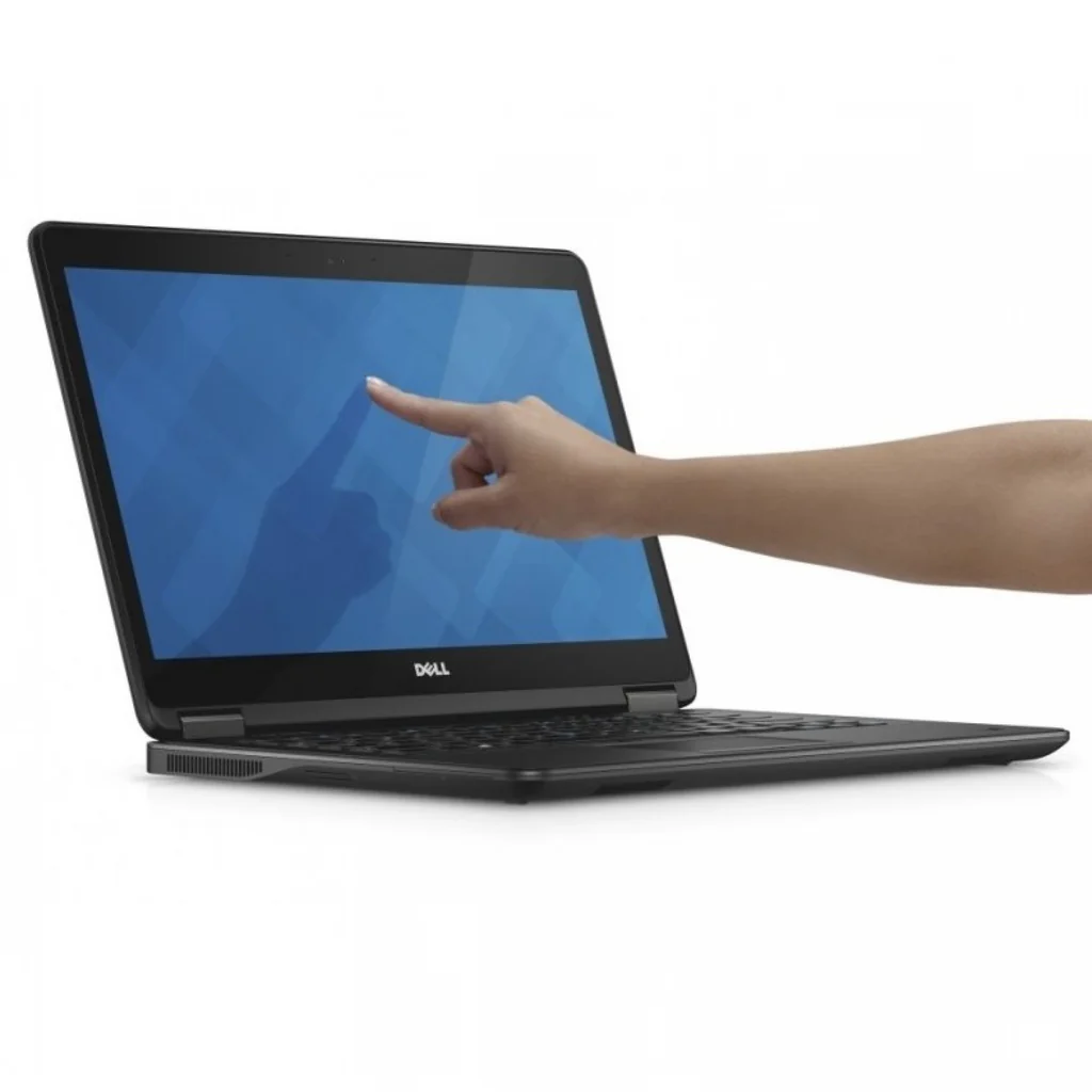 Dell Latitude E7440 14-inch touchscreen laptop with hand interacting with display, showcasing responsive touch feature and slim design.-Rentopc