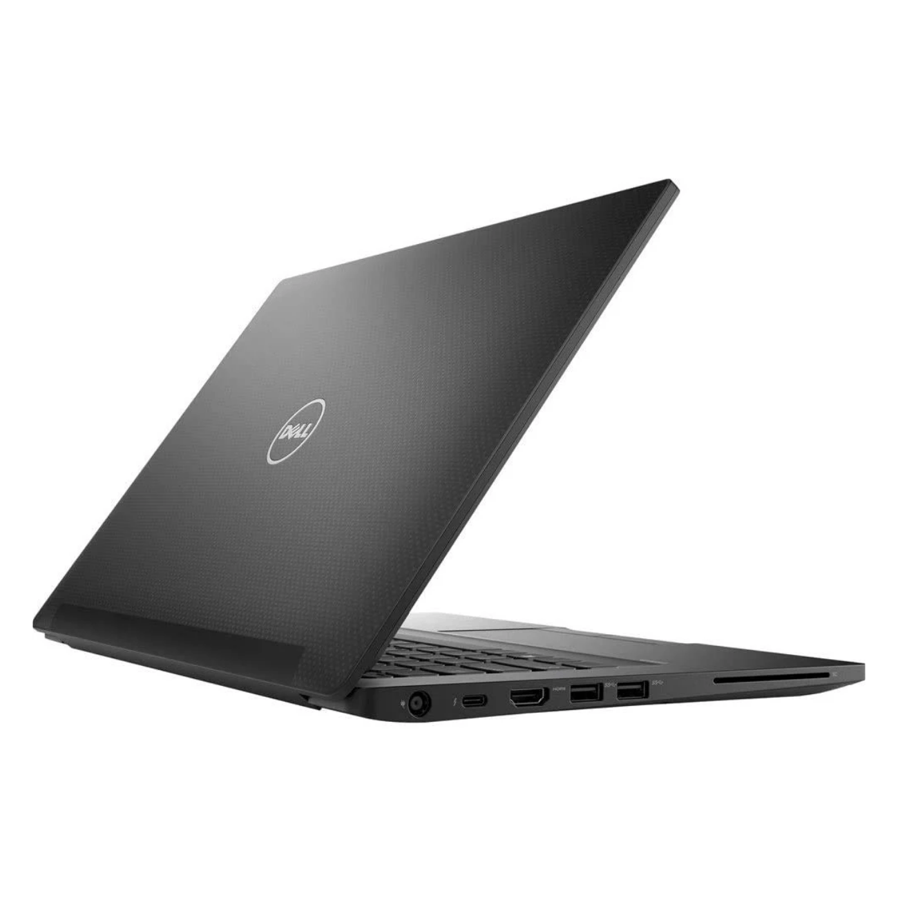 Dell Latitude E7480 Intel Core i5 7th Gen 14-inch laptop showing open lid, textured black finish with Dell logo, and side ports including power input, USB Type-C, HDMI, two USB 3.0 ports, and SD card reader.- Rentopc
