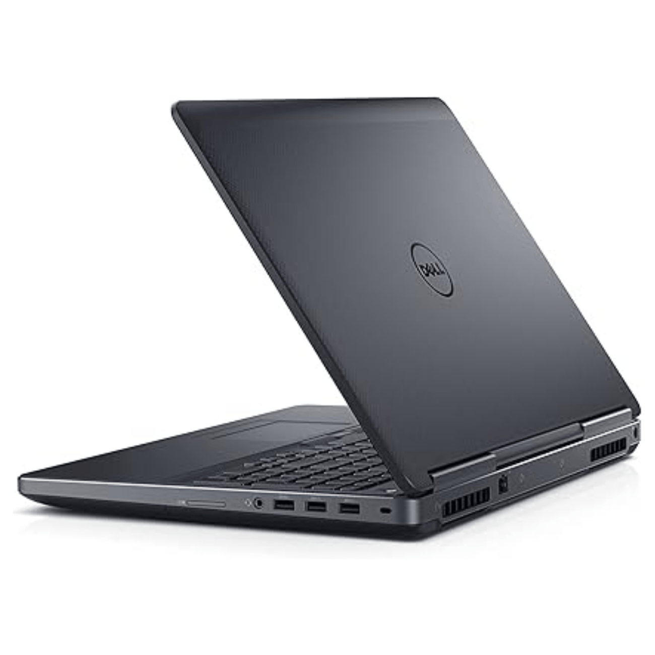 Dell Latitude laptop angled rear-left view showing back cooling vents, three USB 3.0 ports, headphone/microphone combo jack, SD card reader, and Kensington lock slot.- Rentopc