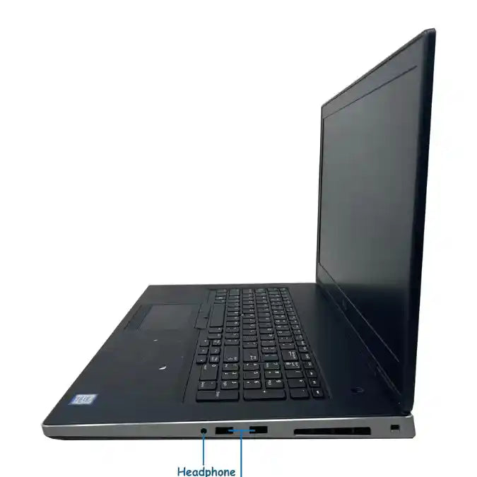 Black laptop with labeled headphone port on a white background