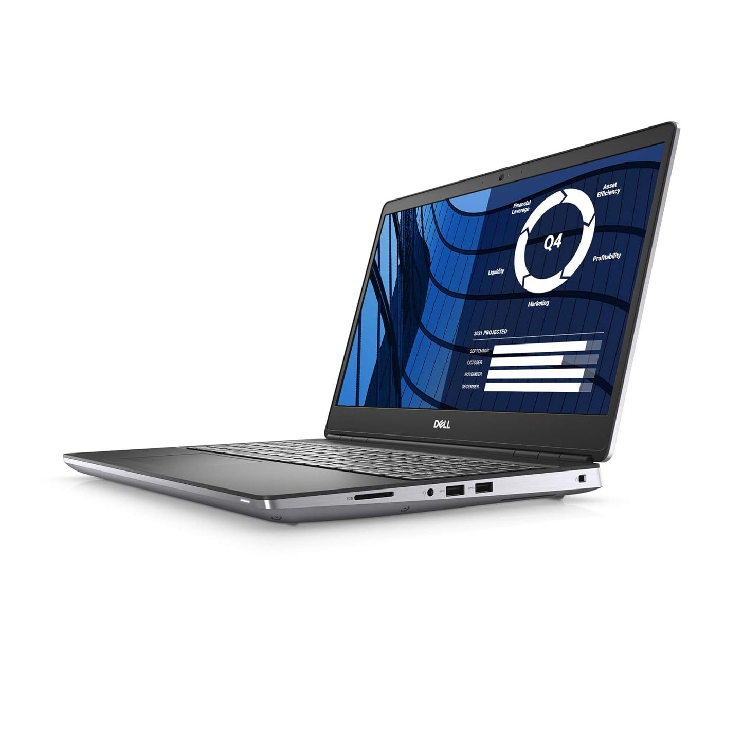 Front right angle view of Dell Precision 7550 laptop with display on, showing full HD screen, SD card reader, USB-A ports, and smart card reader.- Rentopc