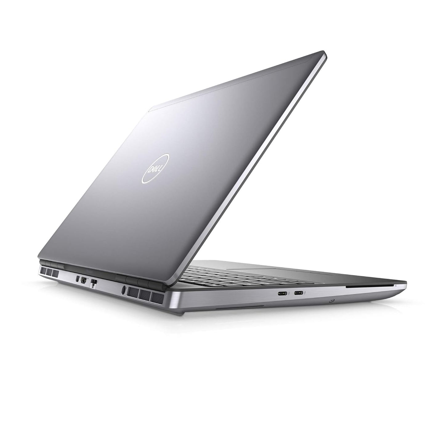 Rear left angle of Dell Precision 7550 laptop showing partially open lid with Dell logo, dual rear air vents, Ethernet port, and side USB-C ports,- Rentopc