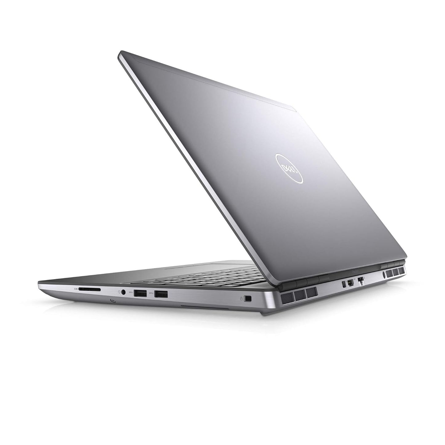 Rear right angle view of Dell Precision 7550 laptop with partially open lid, dual rear exhaust vents, SD card reader, USB-A ports, Ethernet port, and Dell logo on lid.- Rnetopc