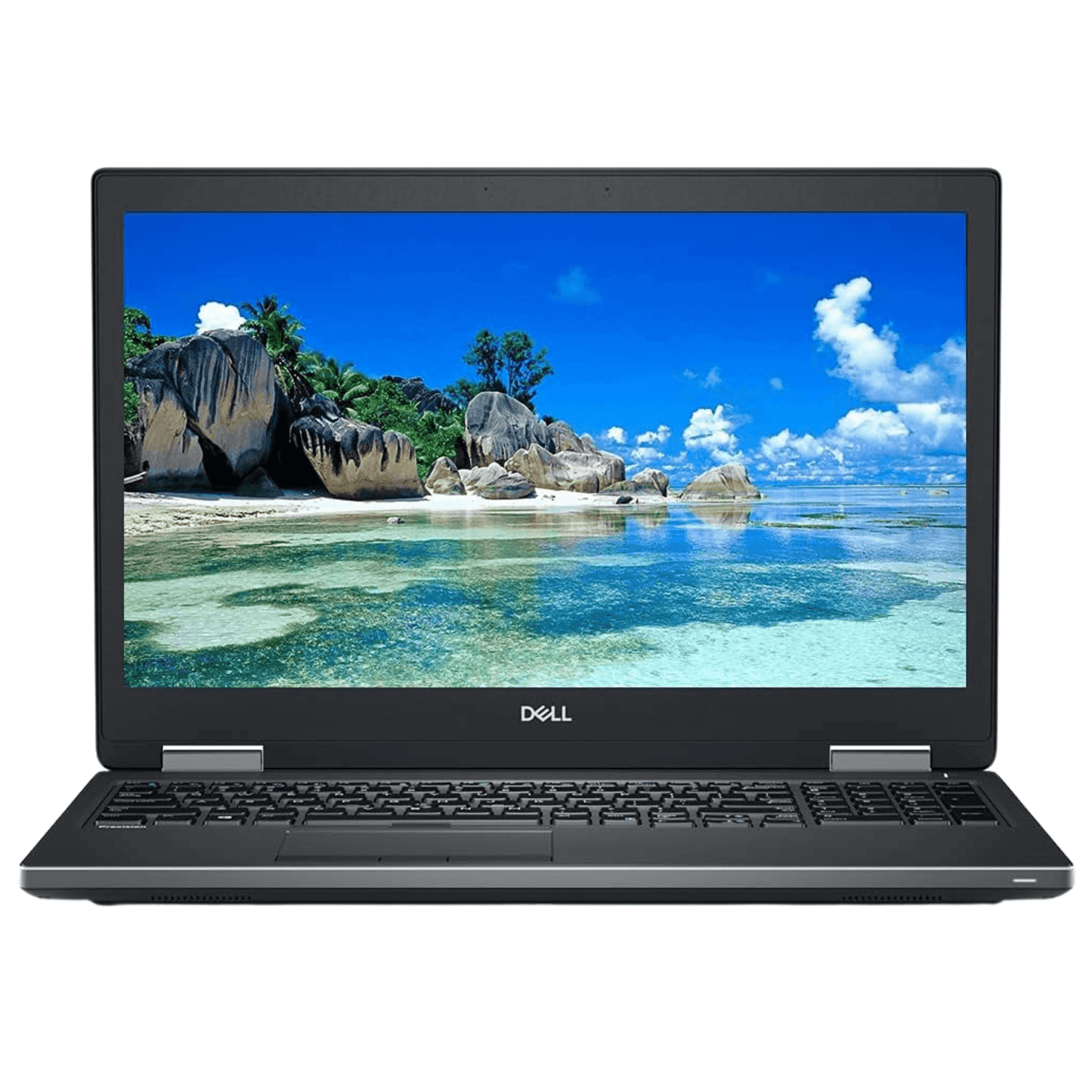 Dell Precision 7710 open view with backlit keyboard, trackpad, FHD 17.3-inch display, Intel Xeon E3-1505M CPU, and Nvidia Quadro M3000M GPU.- Rentopc
