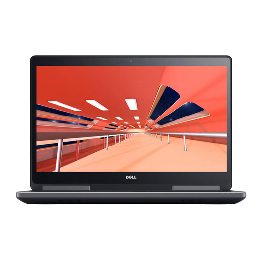 Dell Precision 7710 open view with backlit keyboard, trackpad, FHD 17.3-inch display, Intel Xeon E3-1505M CPU, and Nvidia Quadro M3000M GPU.- Rentopc