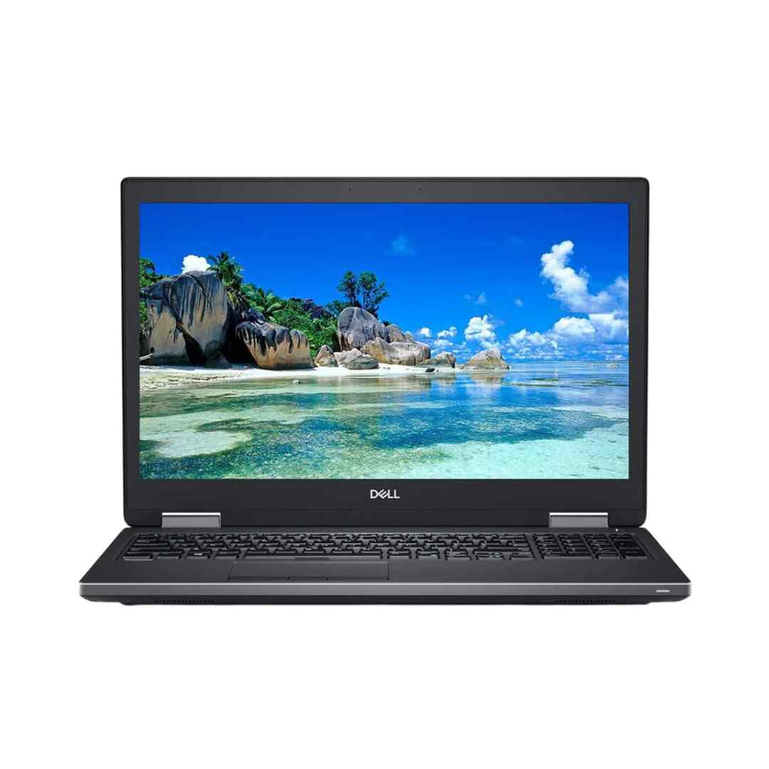 Dell Precision 7730 front view with 17.3-inch FHD display, Intel Core i5 8th Gen, Nvidia Quadro P3200 graphics, and full keyboard.- Rentopc
