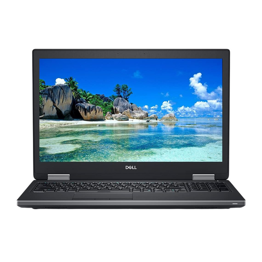 Dell Precision 7730 front view with 17.3-inch FHD display, Intel Core i5 8th Gen, Nvidia Quadro P3200 graphics, and full keyboard.- Rentopc