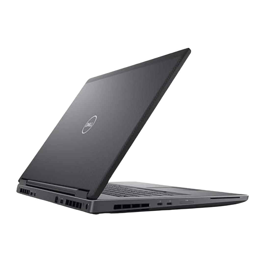 Dell Precision 7730 rear left angle view with carbon fiber textured lid, rear and left-side cooling vents, Thunderbolt 3 ports, and Dell logo.- Rentopc
