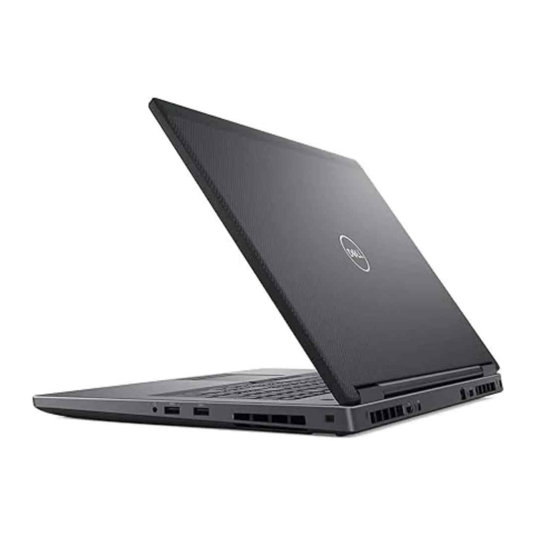 Dell Precision 7730 rear left angle view with partially open lid, showing carbon fiber textured cover, rear cooling vents, left-side USB ports, and Dell logo.- Rentopc
