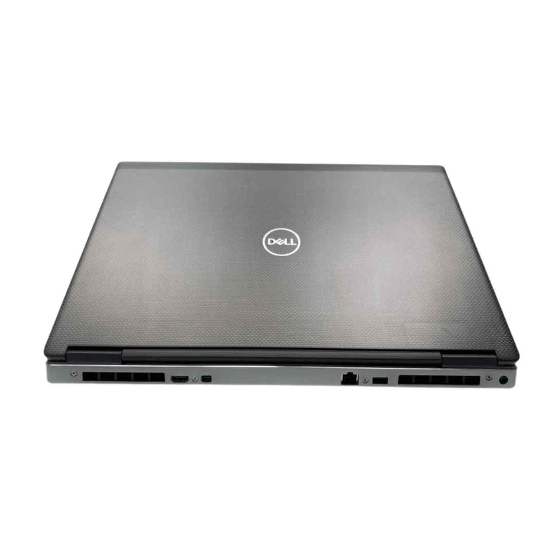 Dell Precision 7730 rear view with closed lid showing carbon fiber finish, rear air vents, HDMI port, Ethernet port, and power connector.- Rentopc
