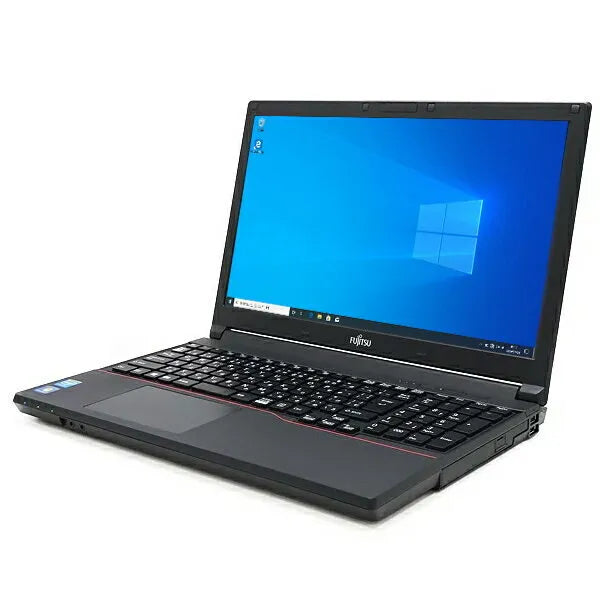 Fujitsu Lifebook A573 15.6-inch laptop with Intel Core i5-3340M processor, front-right open view showing keyboard and Windows 10 screen display.- Rentopc