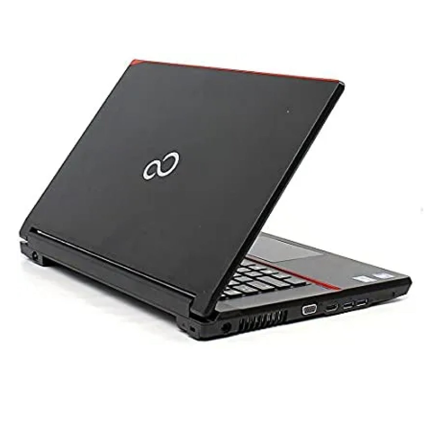 Fujitsu Lifebook A573 15.6-inch laptop rear left angle view with Intel Core i5-3340M processor, black lid with red accents, and visible ports.- Rentopc