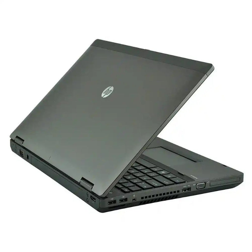 Black HP laptop on a white background