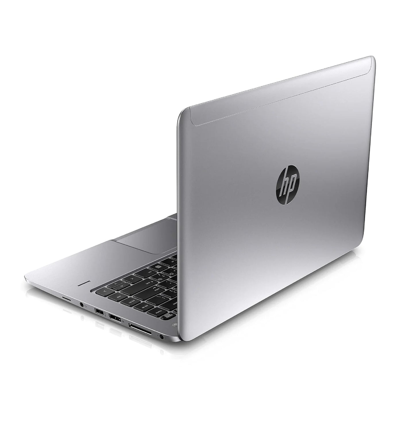 HP EliteBook 1040 G2 14 inch laptop with open lid, showing silver aluminum finish, backlit keyboard, and side ports.- Rentopc