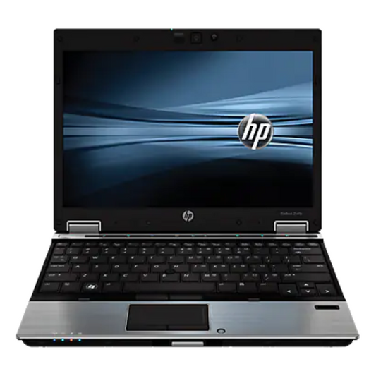 HP EliteBook 2540p open front view showing 12.5-inch screen, keyboard, and touchpad.- Rentopc