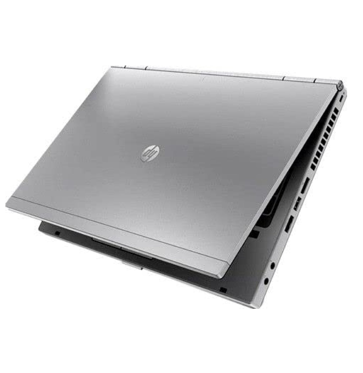 HP EliteBook 2560p top lid view with brushed aluminum finish and HP logo and showing USB ports, VGA, and cooling vents.- Rentopc