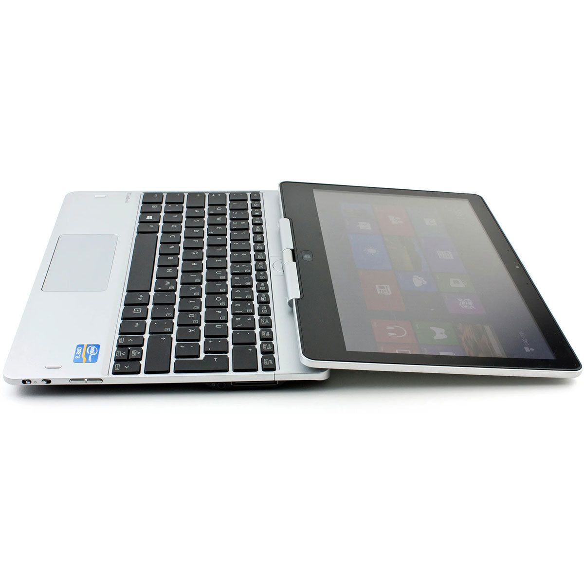 HP EliteBook 810 G3 laptop with 11.6-inch touchscreen partially rotated, showing keyboard and convertible hinge design.- Rentopc