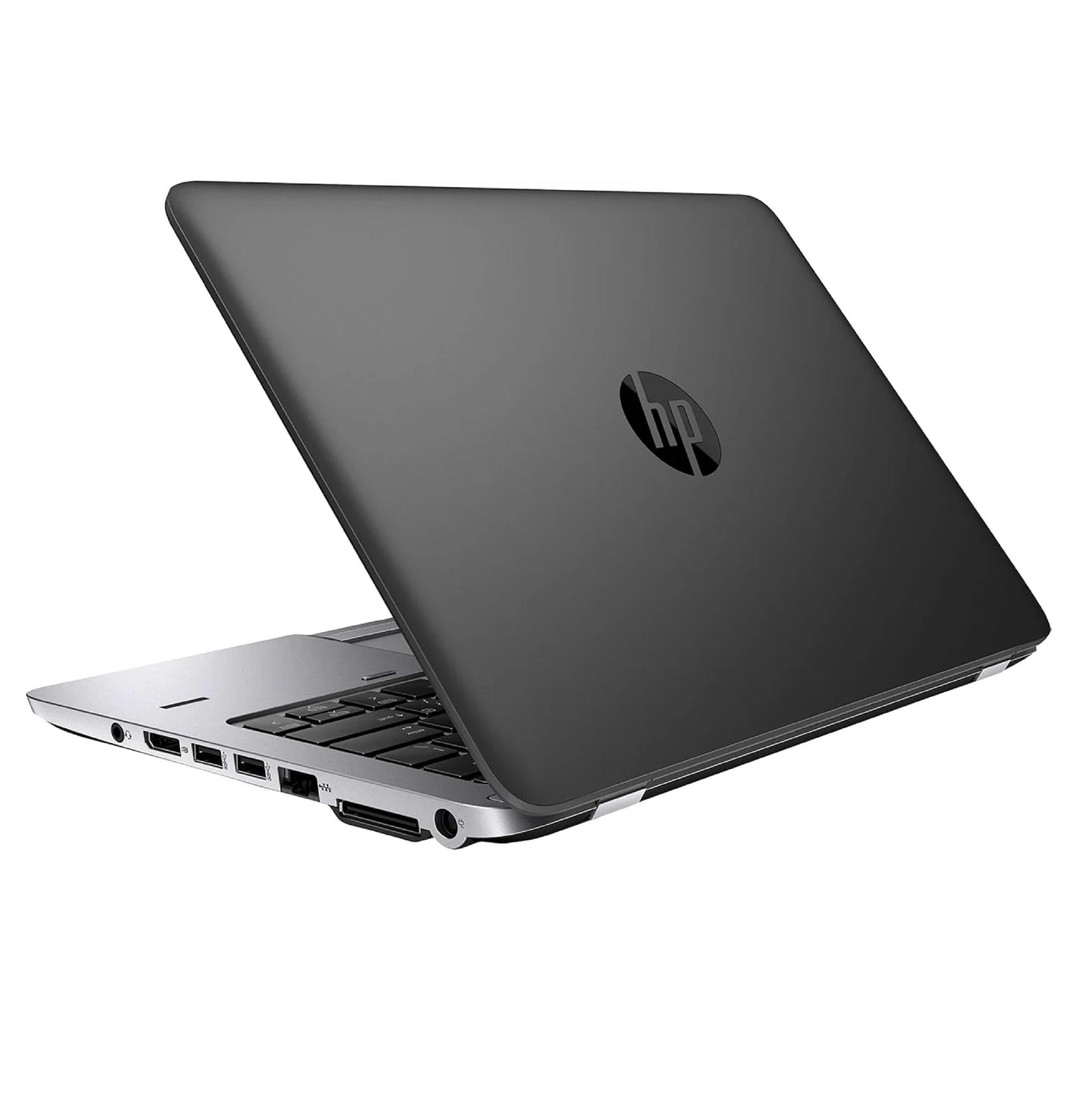 Closed HP EliteBook 820 G2 viewed from the rear-right angle, highlighting the back hinge design and right-side connectivity options.- Rentopc