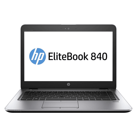 HP EliteBook 840 G1 14-inch Intel Core i5 laptop front view, silver finish, showing keyboard, display and touchpad.- Rentopc