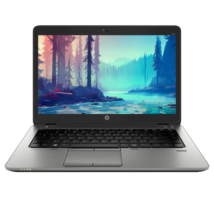 HP EliteBook 840 G2 laptop open front view displaying 14-inch screen, keyboard, and touchpad.- Rentopc