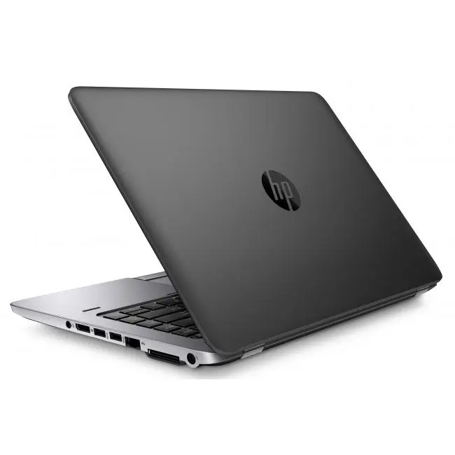 HP EliteBook 840 G2 laptop partially open, showing silver chassis, black top lid with HP logo, and visible left-side ports.-Rentopc