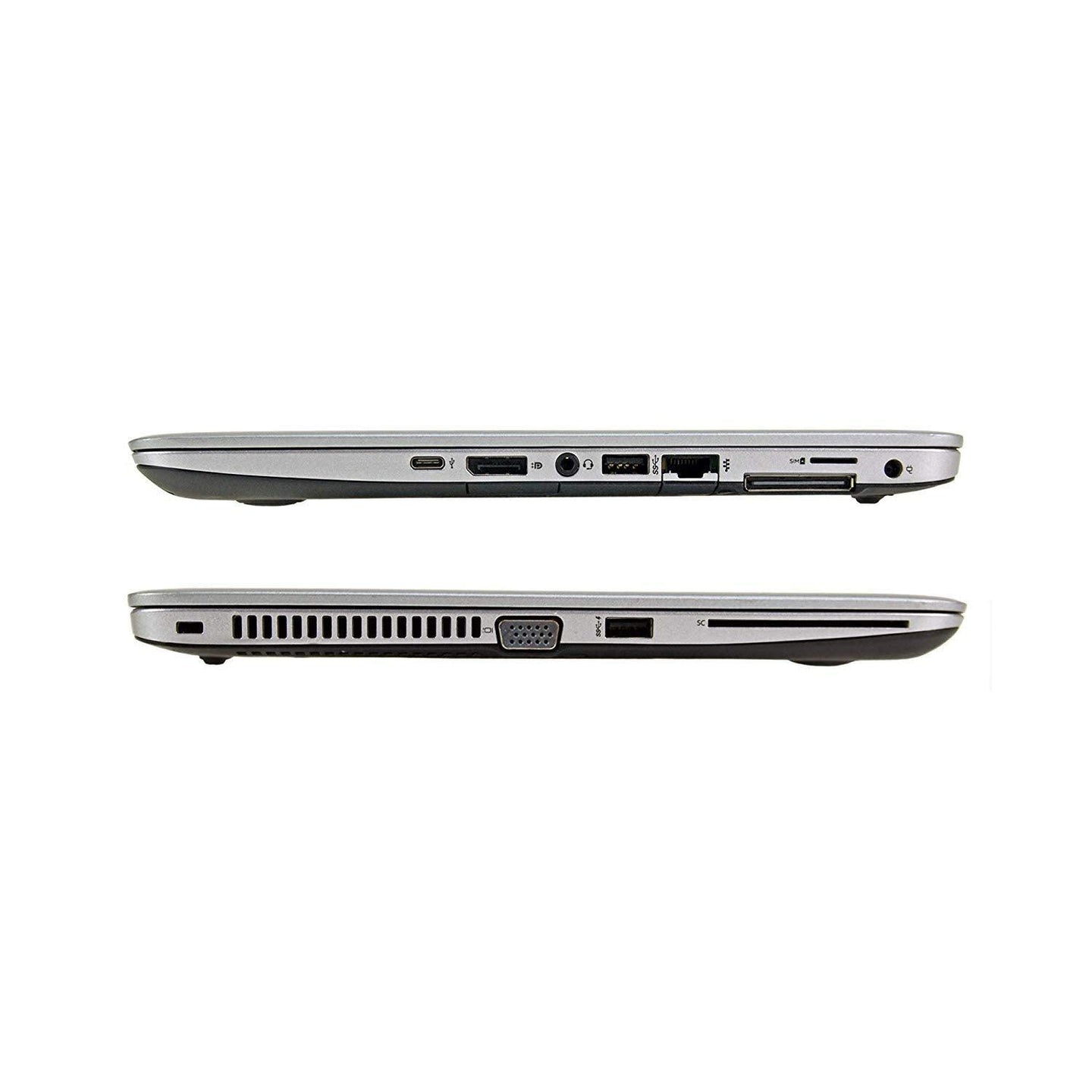 HP EliteBook 840 G3 laptop showing left and right side ports including USB ports, DisplayPort, VGA port, SD card slot, headphone jack, and cooling vents.- Rentopc