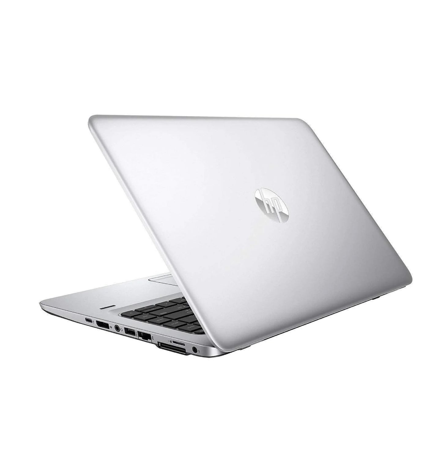 HP EliteBook 840 G3 laptop partially open showing rear hinge design and side ports.- Rentopc