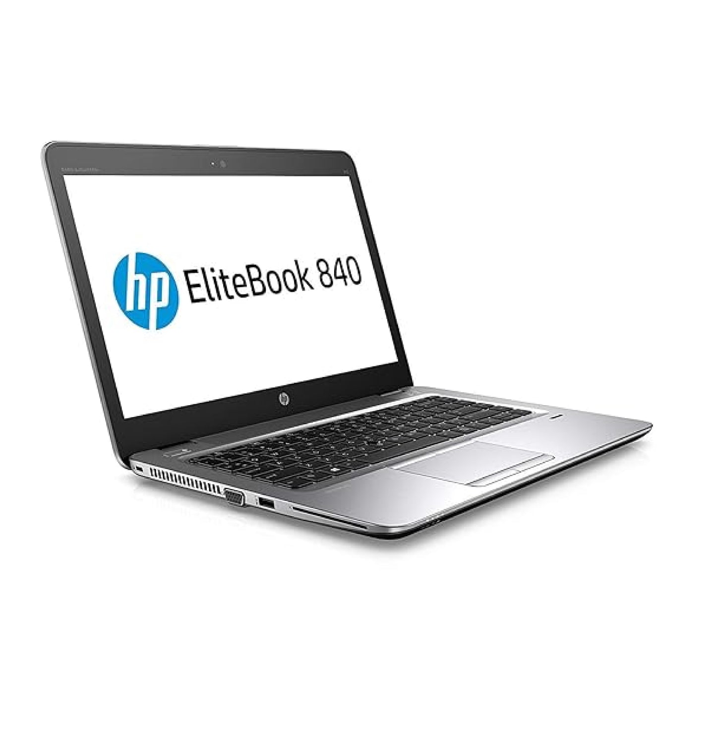 HP EliteBook 840 G4 14 inch laptop with Intel Core i5 7th Gen, open showing display with HP logo and silver backlit keyboard.- Rentopc