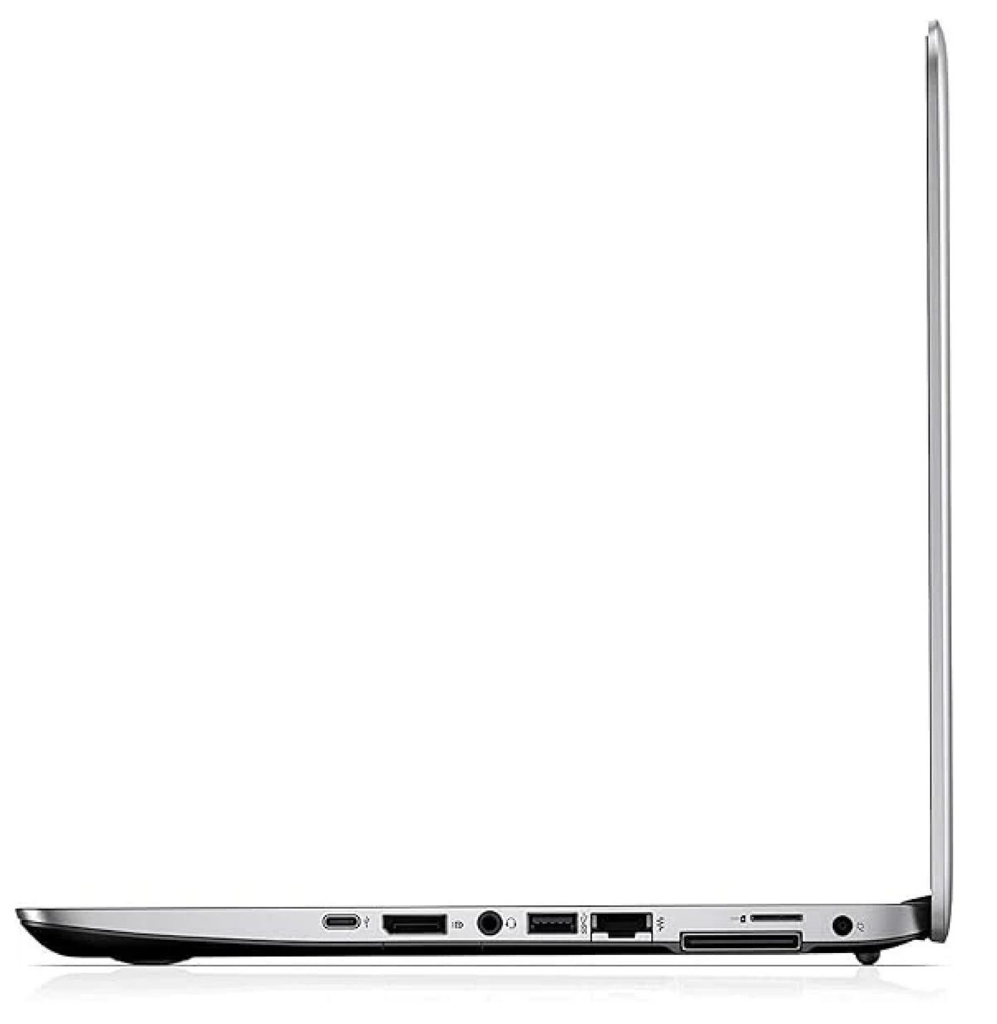HP EliteBook 840 G4 14 inch laptop side view open, displaying thin silver body and right-side connectivity ports including USB, HDMI, Ethernet and SD card reader.- Rentopc