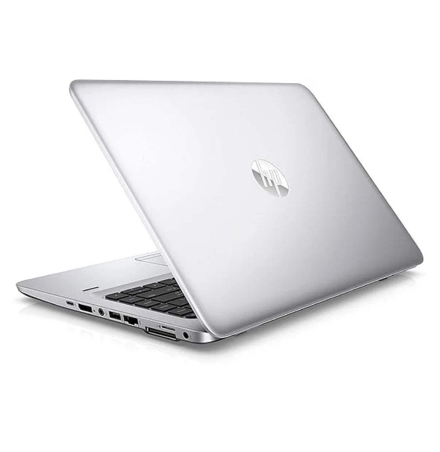HP EliteBook 840 G4 ultrabook rear angle featuring sleek silver body, HP logo on lid, and right-side connectivity ports.- Rentopc