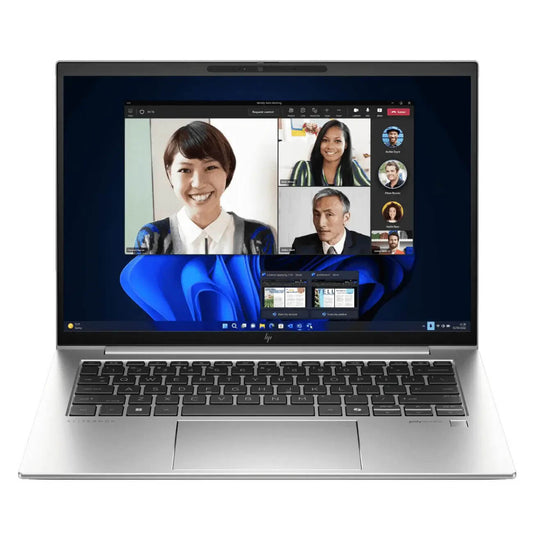 HP EliteBook 840 G5 G6 laptop front view open showing 14-inch display and backlit keyboard.- Rentopc