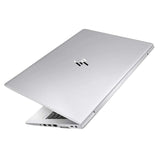 HP EliteBook 840 G5 G6 laptop partially open showing rear hinge design and top side with HP logo .- Rentopc