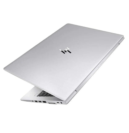 HP EliteBook 840 G5 G6 laptop partially open showing rear hinge design and top side with HP logo .- Rentopc