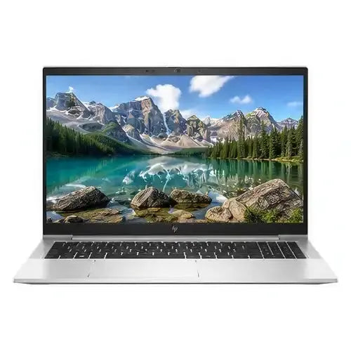 Laptop displaying a scenic mountain and lake on the screen with an HP logo.