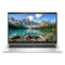 Laptop displaying a scenic mountain and lake on the screen with an HP logo.
