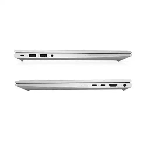 Two views of a silver laptop on a white background
