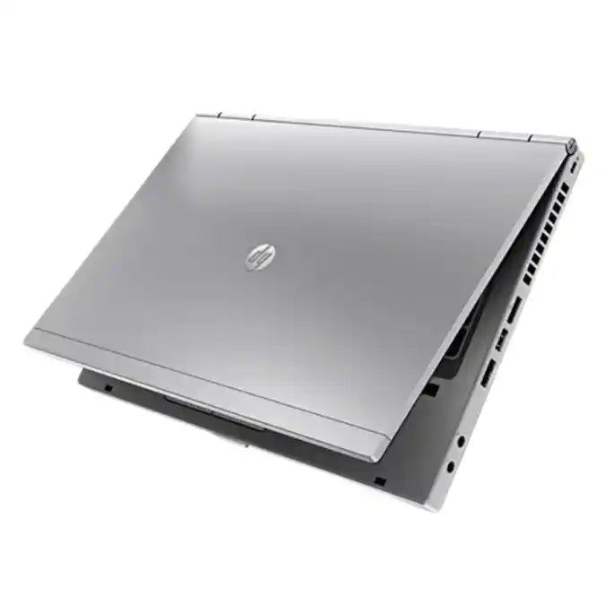 Silver HP laptop on a white background