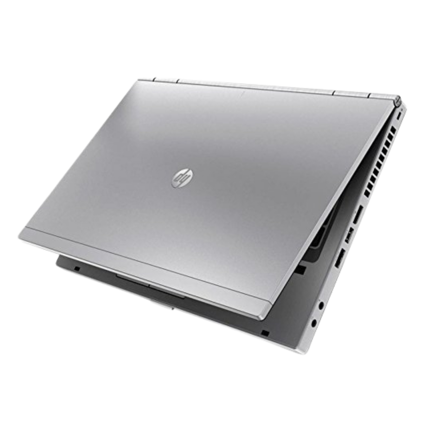  HP EliteBook 8470p Intel Core i7 laptop angled right-side profile when closed, showing USB ports, VGA port, and ventilation grills.- Rentopc
