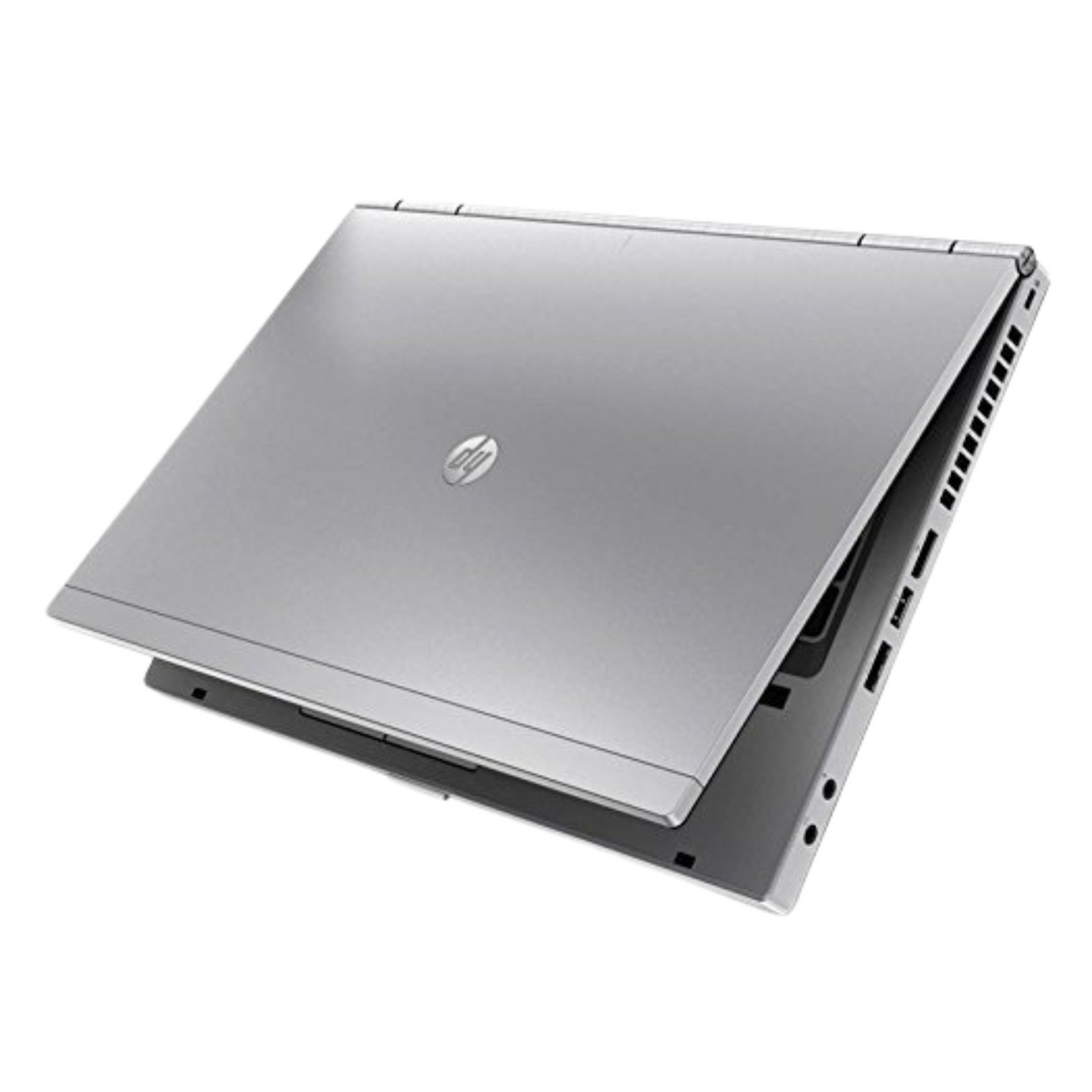  HP EliteBook 8470p Intel Core i7 laptop angled right-side profile when closed, showing USB ports, VGA port, and ventilation grills.- Rentopc
