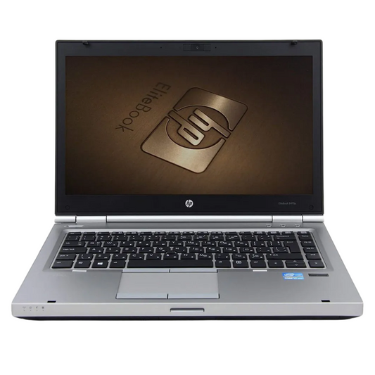 HP EliteBook 8470p Intel Core i7 14-inch laptop open, showing keyboard, touchpad, and display.- Rentopc