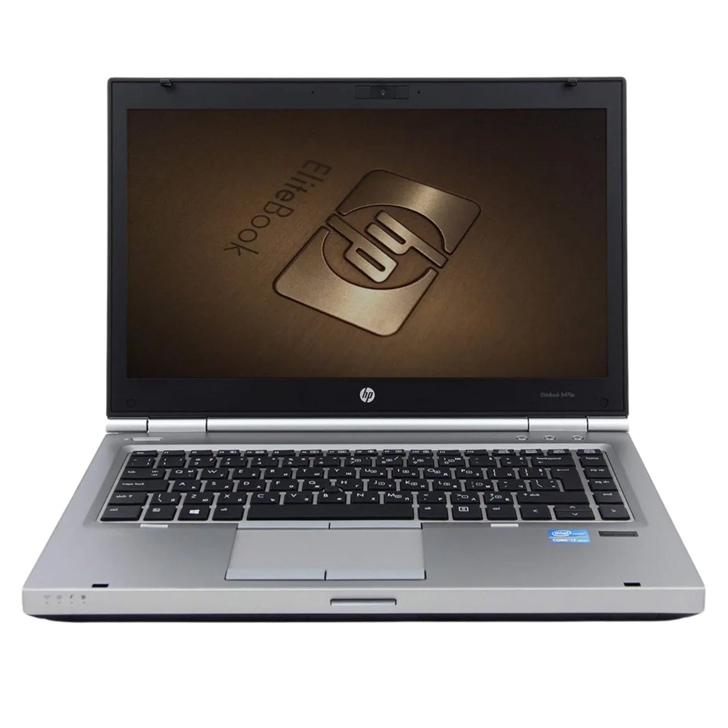HP EliteBook 8470p Intel Core i7 14-inch laptop open, showing keyboard, touchpad, and display.- Rentopc