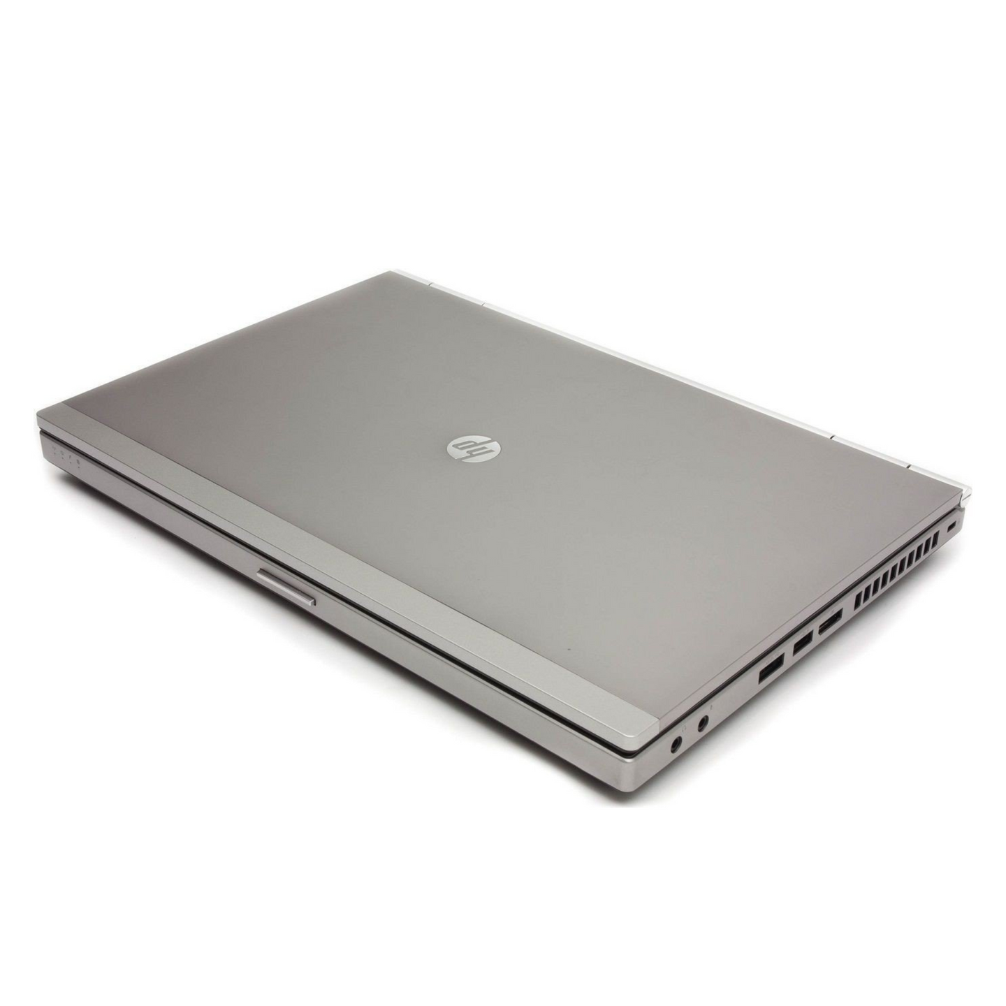 Top-down view of the closed  HP EliteBook 8470p Intel Core i7 14-inch laptop displaying the matte silver lid with the HP logo with side ports.- Rentopc