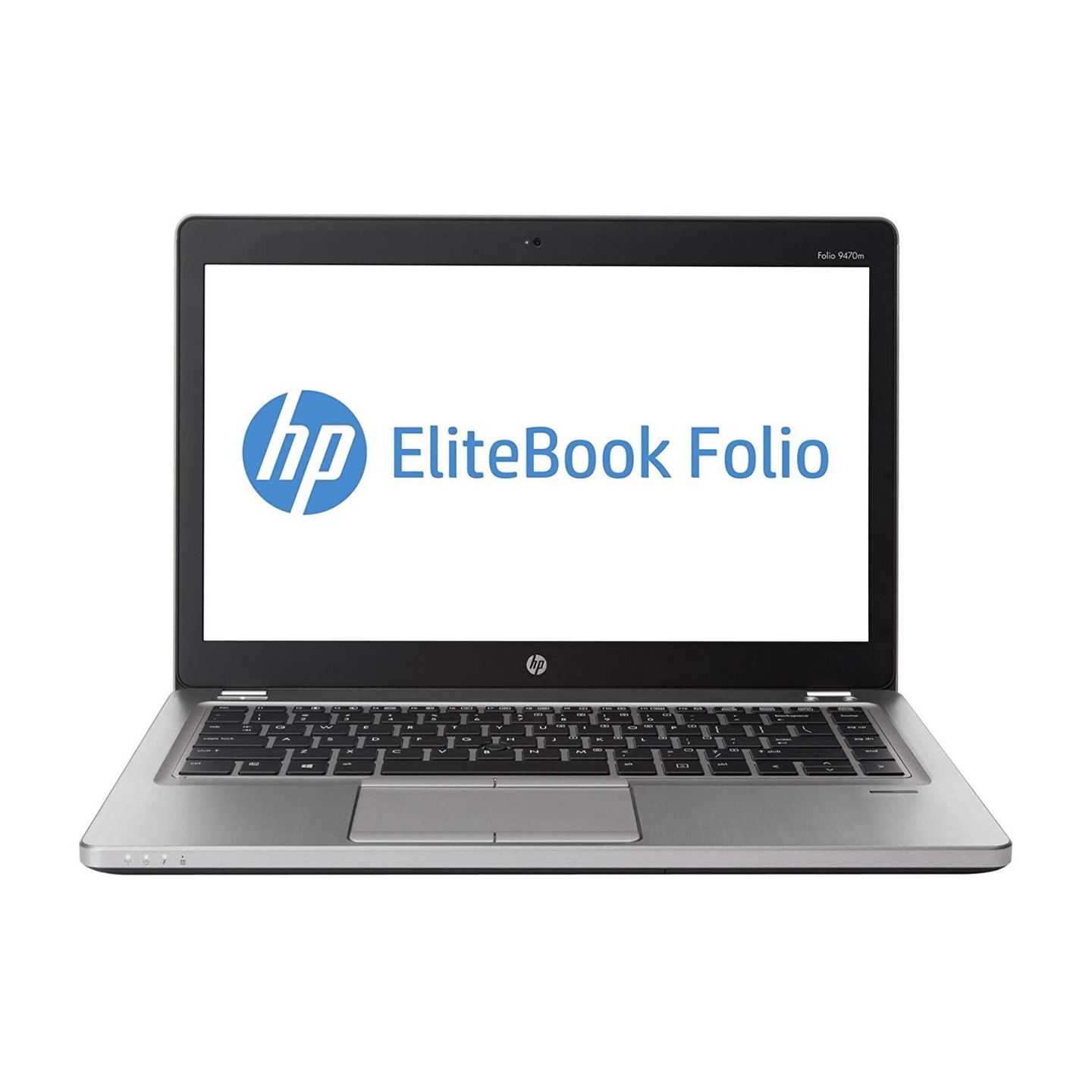 Top-front open view of HP EliteBook Folio 9470m Intel Core i7 14-inch laptop showing keyboard, display, and touchpad.- Rentopc