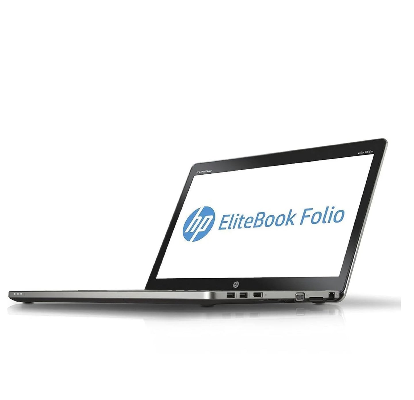 Right-side view of HP EliteBook Folio 9470m laptop displaying USB ports, VGA, Ethernet, and audio jack.- Rentopc