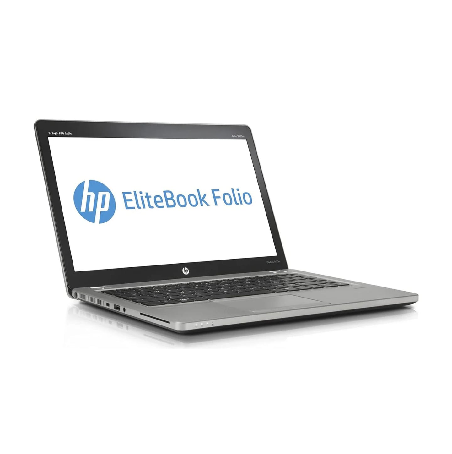 Left-side view of HP EliteBook Folio 9470m laptop highlighting USB, DisplayPort, and cooling vent.- Rentopc