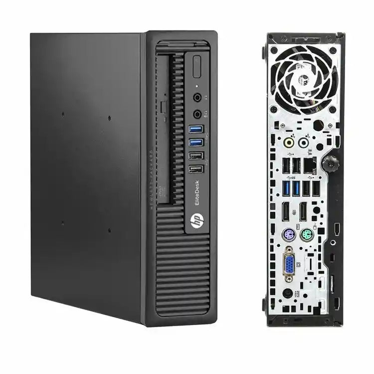 HP  workstation desktop computer shown from the front and back, featuring a black chassis with multiple front and rear ports on a white background.