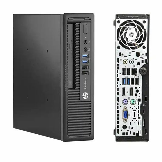 HP  workstation desktop computer shown from the front and back, featuring a black chassis with multiple front and rear ports on a white background.
